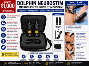 MSRP $1000 2 Dolphin Neurostim Microcurrent Point Stim Devices Portable Pain Relief Therapy Units w Case &amp Extension Probe Used For trigger points, sore muscles, nerve pain, scar tissue release &amp at-home recovery treatments Drug-free alternative