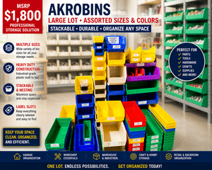 MSRP $1800 HUGE Lot #2 of 90 AkroBins Stackable Storage Bins Mixed Sizes Heavy Duty Organizer Bins Perfect For garage organization, workshop parts, tools, hardware, craft rooms, warehouse sorting, screwsbolts storage &amp professional shelving setups