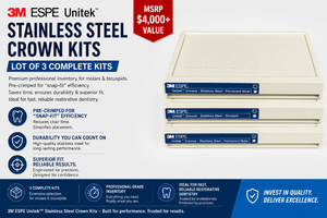 MSRP $4,000. Lot of 3 3M ESPE Unitek Stainless Steel Crown Kits. Professional inventory for molars &amp bicuspids. Pre-crimped for snap-fit efficiency. Saves time, ensures durability &amp superior fit. Ideal for fast, reliable restorative dentistry.