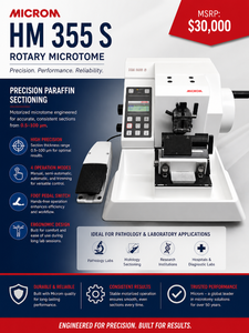 MSRP $30,000. Microm HM 355 S Rotary Microtome. Motorized for precision paraffin sectioning (0.5100�m). Key features 4 operation modes, foot pedal, and ergonomic design for pathology & lab use. #85848