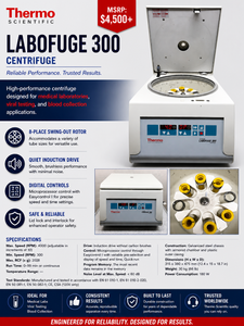 MSRP $4500 Thermo Scientific Heraeus Labofuge 300 Centrifuge. Features an 8-place swing-out rotor, quiet induction drive, and digital controls. Ideal for medical labs, viral testing, and blood collection tubes.&nbsp