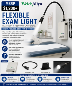 MSRP $1,200  Welch Allyn Exam Light III Fiber Optic Medical Exam Lamp, Flexible Gooseneck Light w Power Supply &amp Mounting Plate, Cool Beam Focused Lighting for Clinic Medical Dental Vet Use, EXCELLENT WORKING CONDITION