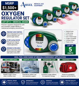 MSRP $1,500 Lot of 5 Amvex Medical Oxygen Regulators 0300 mmHg, O2 Tank Flow Control Valves w Gauge, EMS Hospital Respiratory Equipment, EXCELLENT WORKING CONDITION