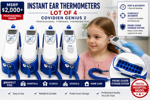MSRP $2,000  Lot of 4 Covidien Genius 2 Tympanic Thermometers, Professional Ear Thermometer Units w Probe Covers Storage Base, Hospital Medical Temperature Systems, GREAT WORKING CONDITION Some Need Batteries and minor clean up