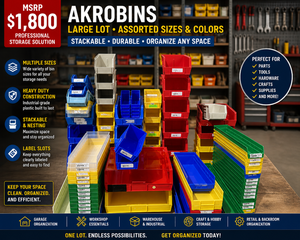 MSRP $1800 HUGE Lot of 90 AkroBins Stackable Storage Bins Mixed Sizes Heavy Duty Organizer Bins Perfect For garage organization, workshop parts, tools, hardware, craft rooms, resale storage, warehouse sorting &amp fast grab-and-go storage