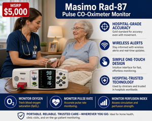 MSRP $5,000  Masimo Rad-87. A tabletop monitor that tracks blood oxygen & heart rate via finger sensor. Gold standard for accuracy even with movement. Wireless alerts, simple one-touch design, & hospital-trusted technology. #86597