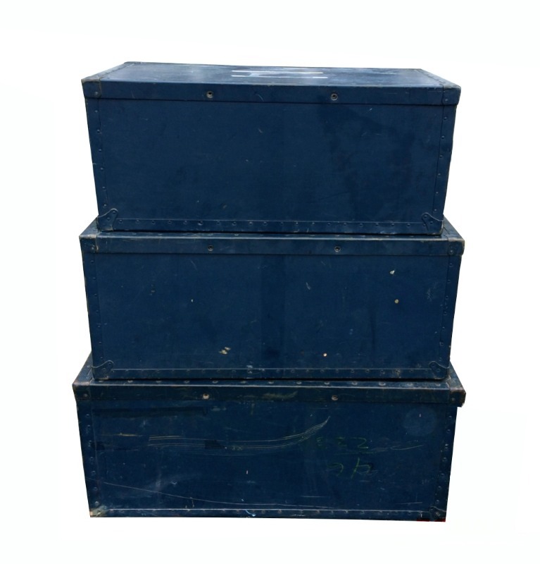 lot 22 image: WWII Era Small Footlocker.  Original baggage tags and small cloth bag attached to one handle.