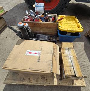 Lot of Fire Extinguishers, Forklift Jacks, Parker Hose Crimper, & Plastic Totes