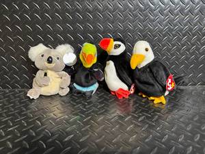 TY Beanie Babies - 4 Plush Toys Koala, Toucan, puffer and Penguin