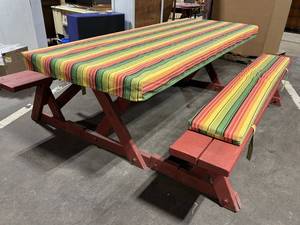 Outdoor Picnic Table with Benches and Striped Cushions