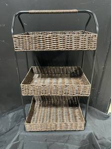 Three-Tier Wicker Basket Stand on Metal Frame