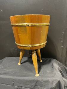 Vintage Coopered Wooden Bucket on Brass-Banded Tripod Stand