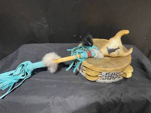 vintage tambourine with Checkerboard Inlay, Talking stick