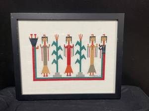 Framed Cross-Stitch Textile Art - Signed BMW 04, Folk-Style Figures