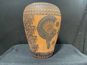 Hand-Carved Vase With Geometric Tribal Motifs - Inscribed 1992