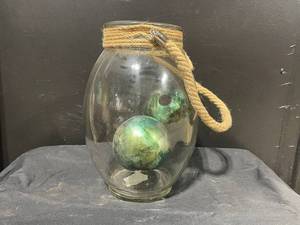 Decorative Glass Jar Lantern with Hemp Rope Wrap and Glass Marbles Inside