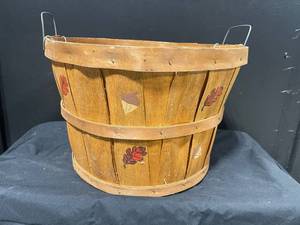 Decorative Wooden Barrel Bucket with Leaf Motifs and Wire Handles