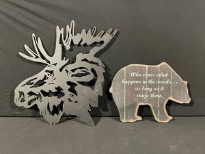 Rustic Moose Silhouette Wall Art Set - Two-Piece Metal Decor with Quote Sign