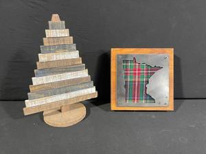 Rustic Wood Block Stack Sculpture & MINNESOTA Patchwork Plaque - Two-Piece Wall Art Set