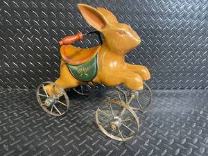 Vintage Wooden BunnyToy on Metal Wheels with Green Saddle Patch