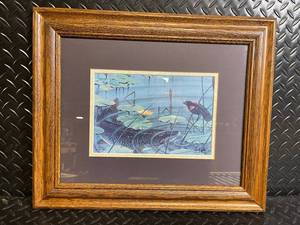 Framed Wildlife Print - Fish and Lily Pads Scene in Wooden Frame
