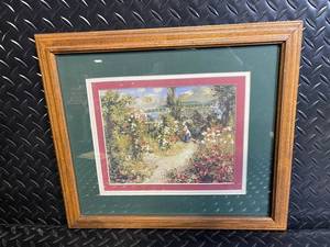 Framed Garden Scene Print with Florals and Distant Trellis - Wood Frame