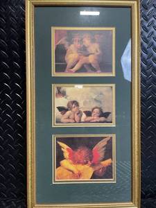 Three Cherub Angel Prints in Gold Framed Triptych