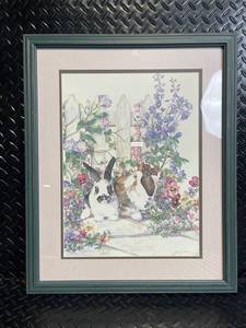 Watercolor Rabbits in Flower Garden Framed Print