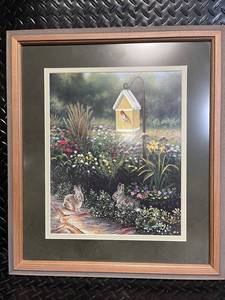 Framed Garden Scene Print with Rabbits, Birdhouse & Butterfly