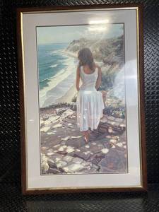 Framed Beach Scene Print - Woman in White Dress on Cliff Overlooking Ocean