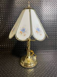 Vintage Brass Table Lamp with Panel Floral Glass Shade