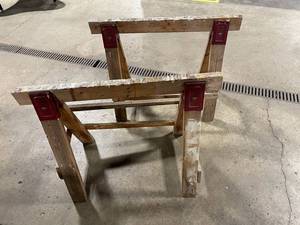 Vintage Wooden Sawhorse Work Stand with Red Metal Brackets - Long Top Boards