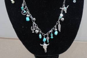 Silver Tone Charm Necklace with Turquoise Stones
