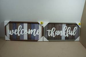 2 Decorative Framed Wall Art - Welcome & Thankful - 24.5x12