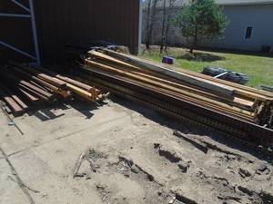 Pile of old upright & cross braces for pallet racking. Older tear drop design. As shown.