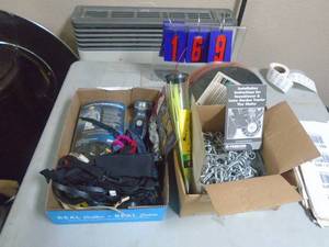 lawn tractor chains & misc hardware. As shown. CASH ON SITE ONLY. PICKUP IS MONDAY MAY 4TH FROM 11 AM TO 4 PM. REGARDLESS WHAT THE SCHEDULE STATES.