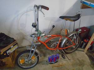 Schwinn orange crate. Early version. Dirty but very nice shape.  Dual headlights, caliper brakes. Rear tire is original & best I have seen. As shown. CASH ON SITE ONLY. PICKUP IS MONDAY MAY 4TH FROM 11 AM TO 4 PM. REGARDLESS WHAT THE SCHEDULE STATES.