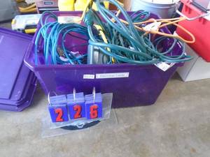 Bin full of cords. As shown. CASH ON SITE ONLY. PICKUP IS MONDAY MAY 4TH FROM 11 AM TO 4 PM. REGARDLESS WHAT THE SCHEDULE STATES.