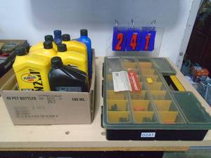 Organizer with hardware & oil. As shown. CASH ON SITE ONLY. PICKUP IS MONDAY MAY 4TH FROM 11 AM TO 4 PM. REGARDLESS WHAT THE SCHEDULE STATES.