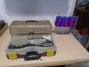 Tackle box with hardware & strap case. As shown. CASH ON SITE ONLY. PICKUP IS MONDAY MAY 4TH FROM 11 AM TO 4 PM. REGARDLESS WHAT THE SCHEDULE STATES.
