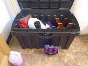 Plastic storage box with contents. 37 x 21x 21. As shown. CASH ON SITE ONLY. PICKUP IS MONDAY MAY 4TH FROM 11 AM TO 4 PM. REGARDLESS WHAT THE SCHEDULE STATES.