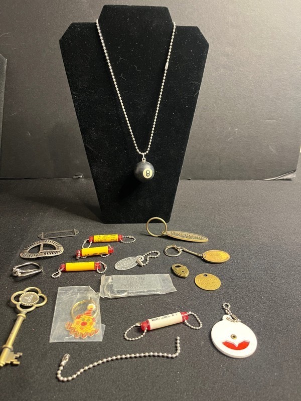 8-Ball Pendant Necklace on Ball Chain with Assorted Vintage Charms, Buckles & Keys for Jewelry Making