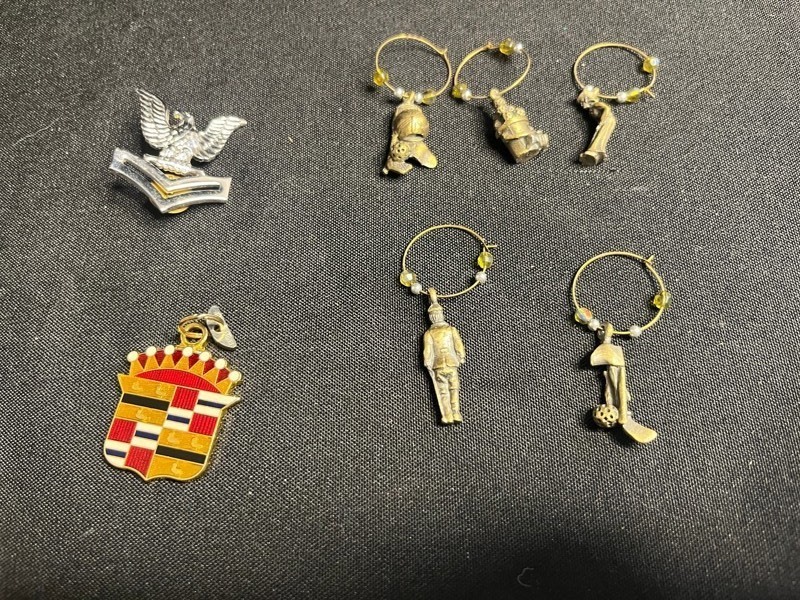 Vintage Cadillac Crest Shield Pendant & Figurine Wine Charm Hoops (5-Piece Set)