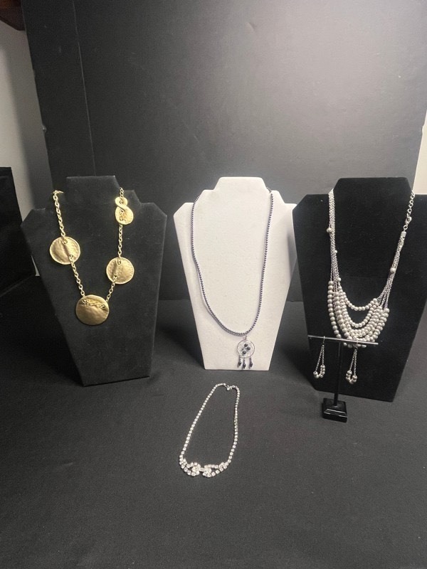 VTG Necklace Set - Gold Disc VCLM Necklace, Dreamcatcher Necklace, Faux Pearl Necklace w Matching Earrings, Rhinestone Necklace