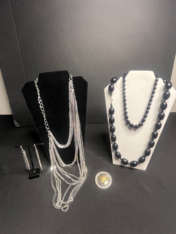 Collectible Cow Button, Black Bead Necklaces Set with Layered Silver Tone Chains & Dangling Earrings