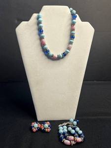 VTG Beaded Jewelry Set - Necklace, Bracelet, Ring & Clip-On Earrings