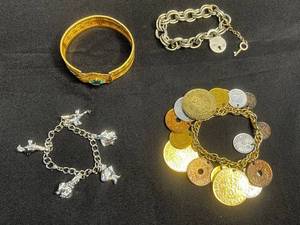 Bracelet Lot - 4 Mixed Bracelets, Gold Tone Bangle, Coin & Charm Styles