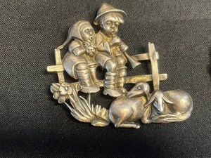 Silver Tone Figural Brooch Children and Rabbits