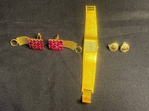 Lord Elgin Quartz Watch untested, American Legion Buttons & Pink Rhinestone & Mesh Cuff Links