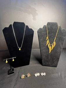 VTG Costume Jewelry - Leaf Necklace, Tiger Eye Pendant w Matching Earrings & Kramer & Coro Clip Earrings